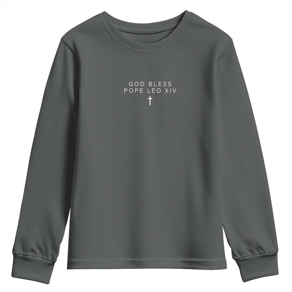 God Bless Pope Leo XIV Youth Sweatshirt Cross Subtle Minimal Religious Faith TS10 Dark Heather Print Your Wear