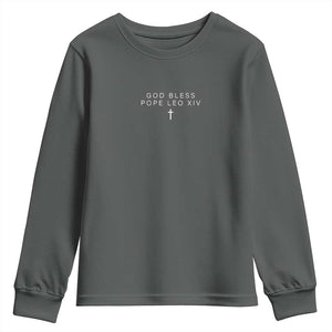 God Bless Pope Leo XIV Youth Sweatshirt Cross Subtle Minimal Religious Faith TS10 Dark Heather Print Your Wear