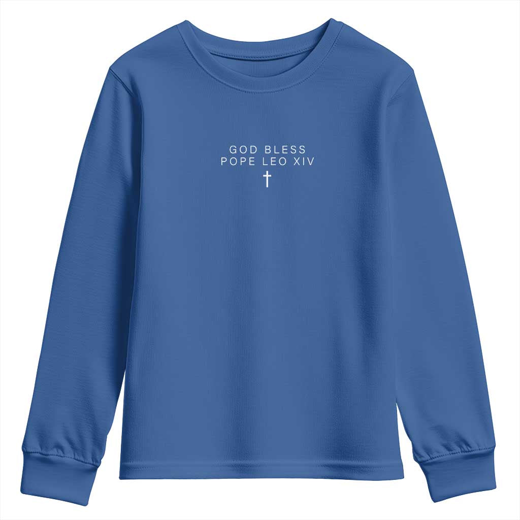 God Bless Pope Leo XIV Youth Sweatshirt Cross Subtle Minimal Religious Faith TS10 Royal Blue Print Your Wear