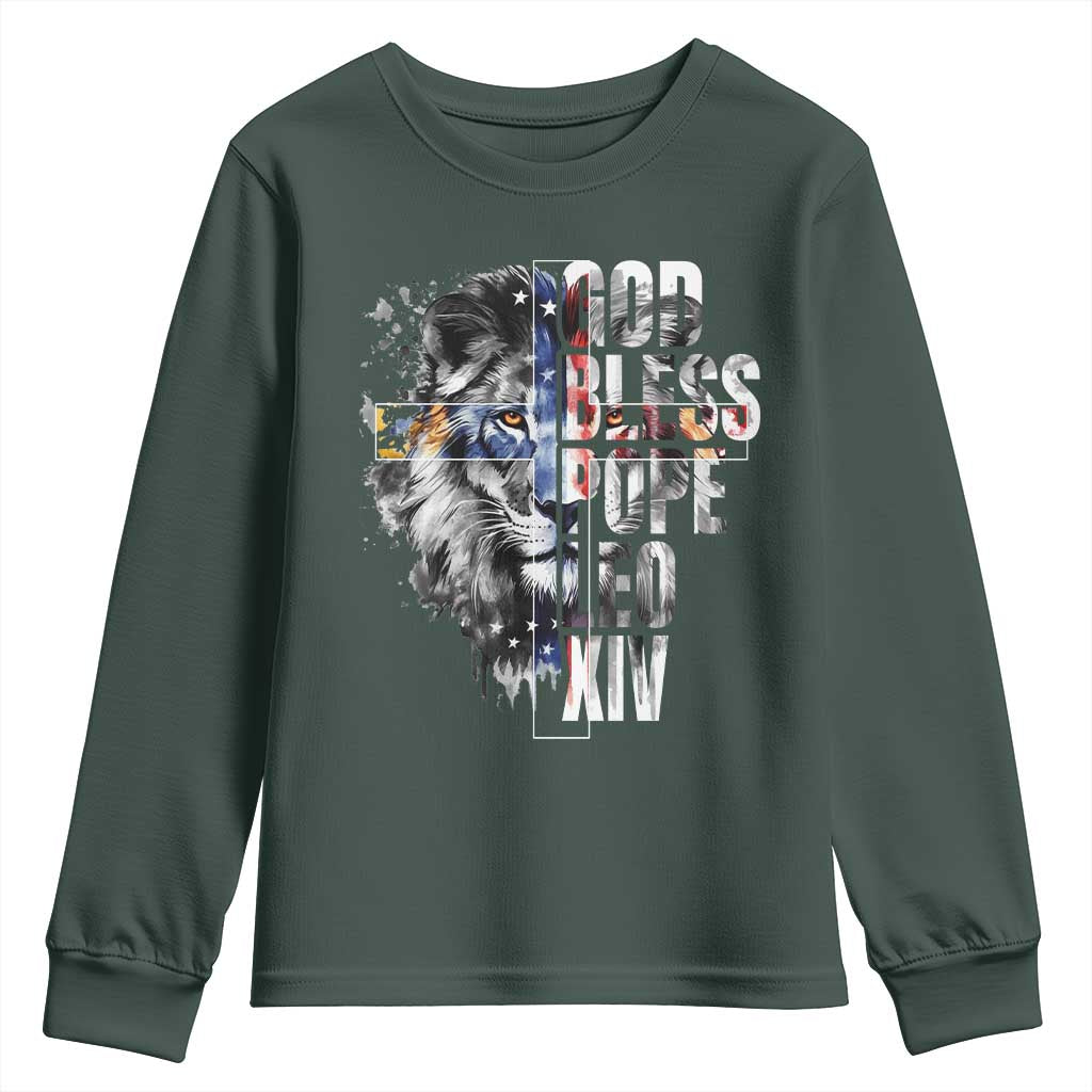 God Bless Pope Leo XIV Youth Sweatshirt Lion American Flag TS11 Dark Forest Green Print Your Wear