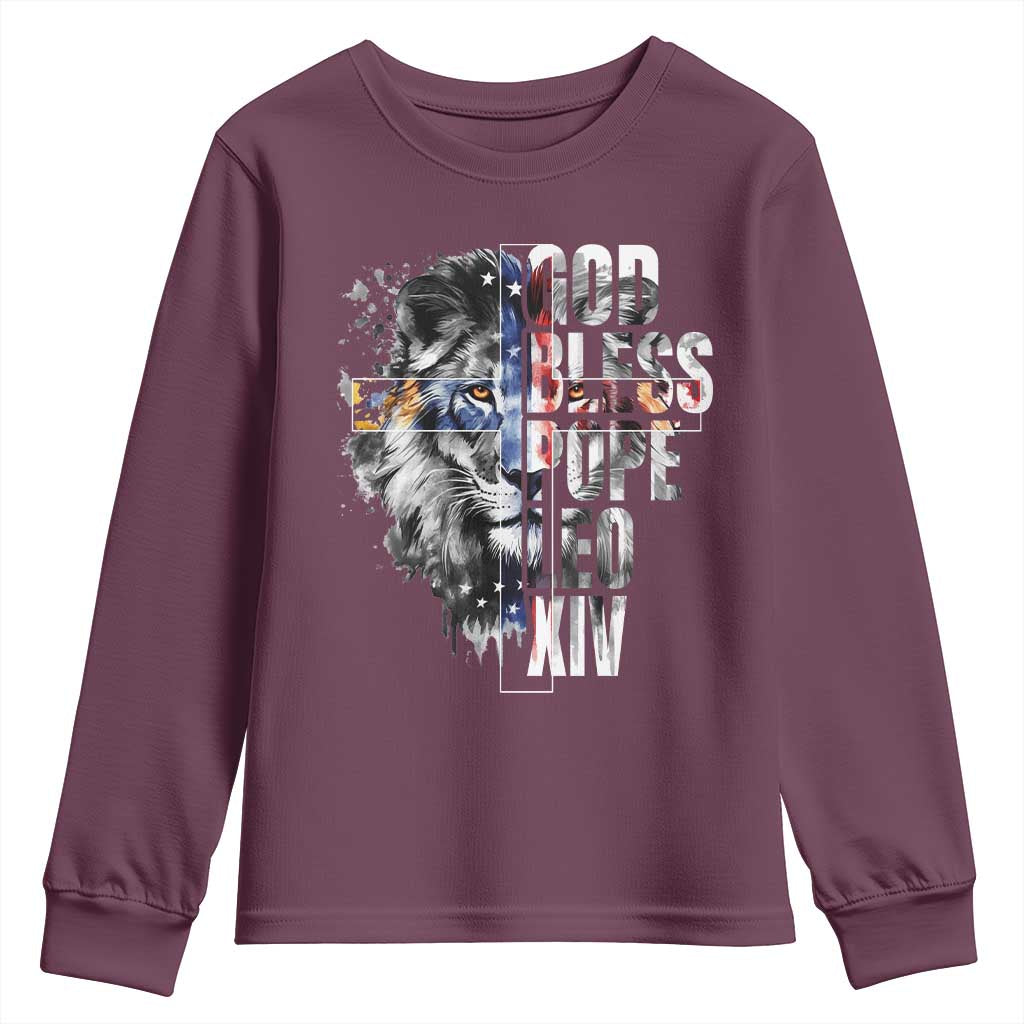 God Bless Pope Leo XIV Youth Sweatshirt Lion American Flag TS11 Maroon Print Your Wear