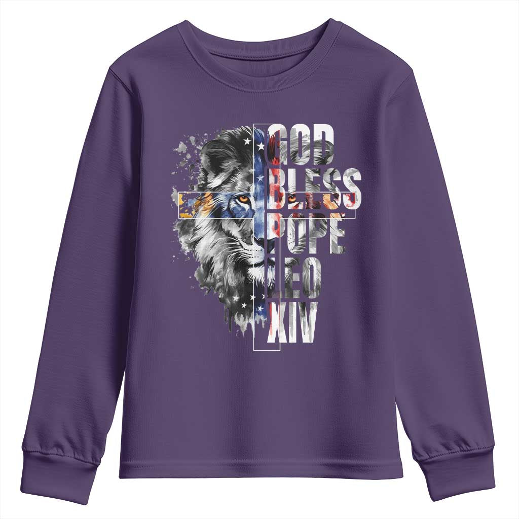 God Bless Pope Leo XIV Youth Sweatshirt Lion American Flag TS11 Purple Print Your Wear