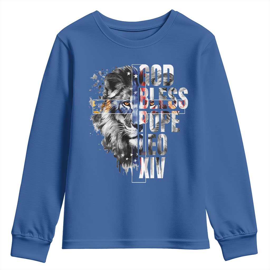 God Bless Pope Leo XIV Youth Sweatshirt Lion American Flag TS11 Royal Blue Print Your Wear
