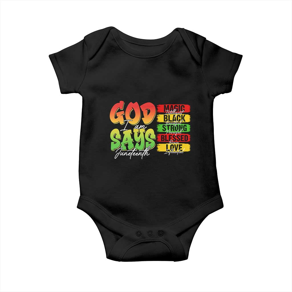 God Says I Am Baby Onesie Juneteenth Faith Black Excellence Affirmation Pan-African Colors TS02 Black Print Your Wear