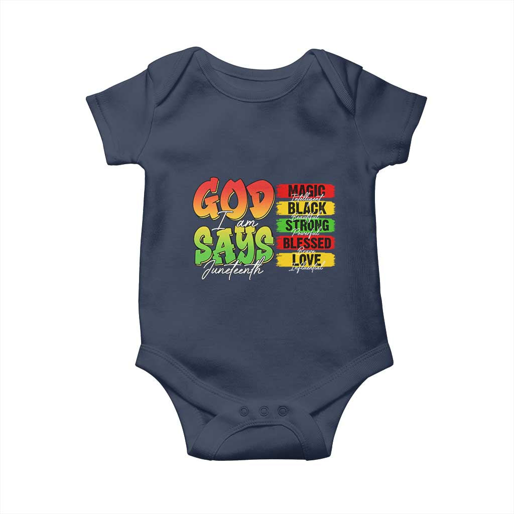 God Says I Am Baby Onesie Juneteenth Faith Black Excellence Affirmation Pan-African Colors TS02 Navy Print Your Wear
