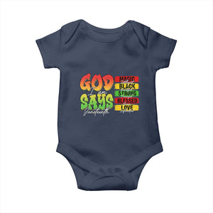 God Says I Am Baby Onesie Juneteenth Faith Black Excellence Affirmation Pan-African Colors TS02 Navy Print Your Wear