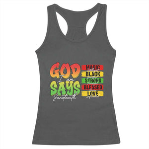God Says I Am Racerback Tank Top Juneteenth Faith Black Excellence Affirmation Pan-African Colors TS02 Dark Heather Print Your Wear