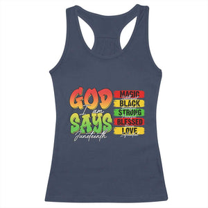 God Says I Am Racerback Tank Top Juneteenth Faith Black Excellence Affirmation Pan-African Colors TS02 Navy Print Your Wear