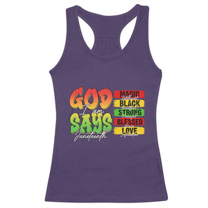 God Says I Am Racerback Tank Top Juneteenth Faith Black Excellence Affirmation Pan-African Colors TS02 Purple Print Your Wear