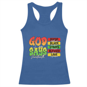 God Says I Am Racerback Tank Top Juneteenth Faith Black Excellence Affirmation Pan-African Colors TS02 Royal Blue Print Your Wear