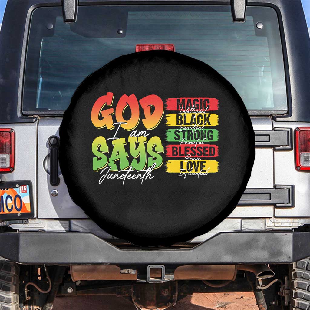 God Says I Am Spare Tire Cover Juneteenth Faith Black Excellence Affirmation Pan-African Colors TS02 No hole Black Print Your Wear