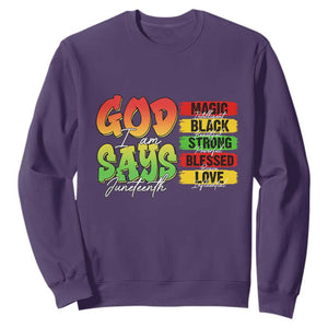 God Says I Am Sweatshirt Juneteenth Faith Black Excellence Affirmation Pan-African Colors TS02 Purple Print Your Wear