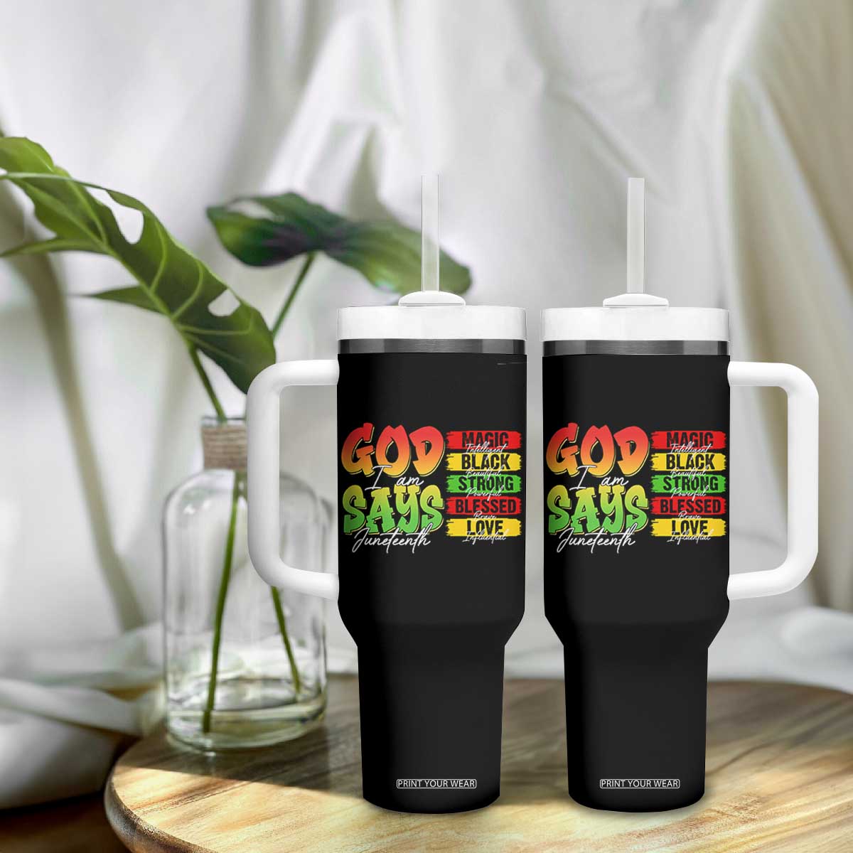 God Says I Am Tumbler With Handle Juneteenth Faith Black Excellence Affirmation Pan-African Colors TS02 Print Your Wear