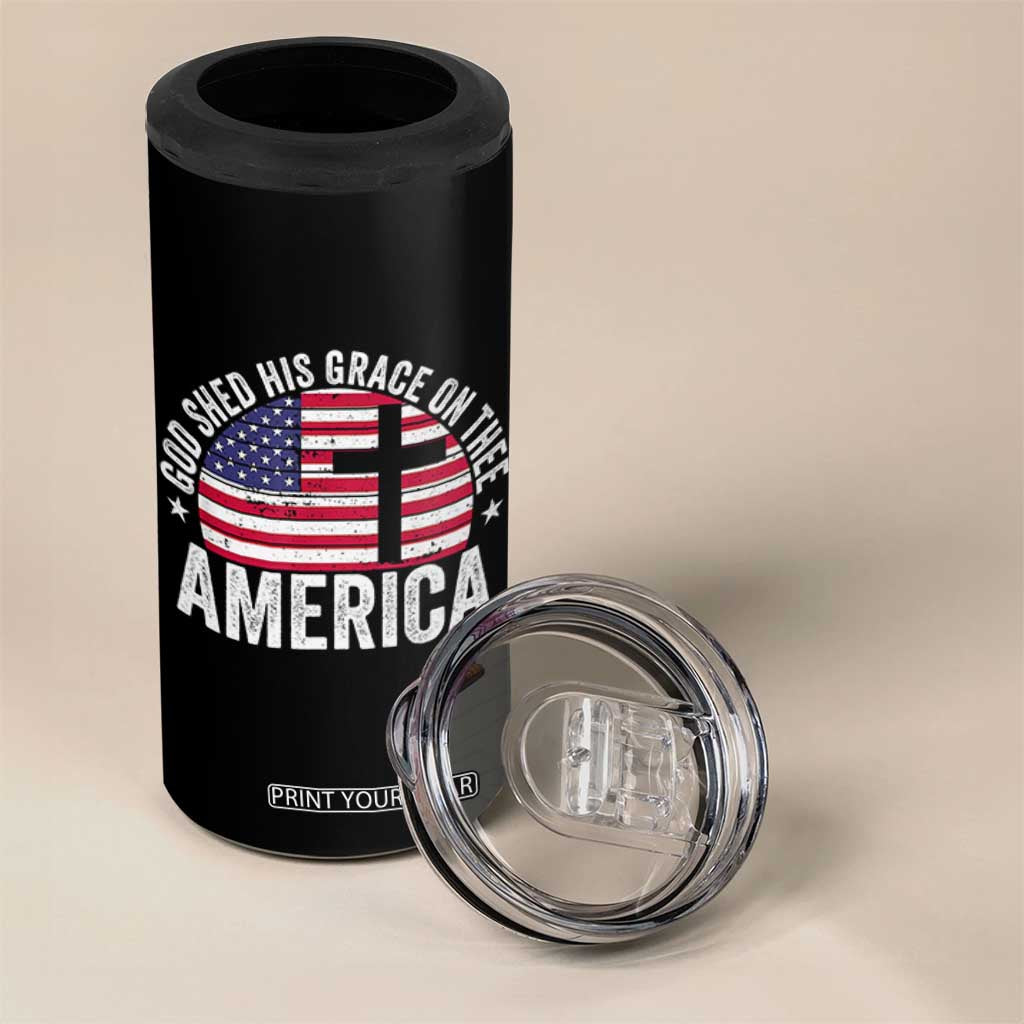 God Shed His Grace On Thee 4 in 1 Can Cooler Tumbler Vintage Patriotic Christian USA Flag Cross TS10 Print Your Wear
