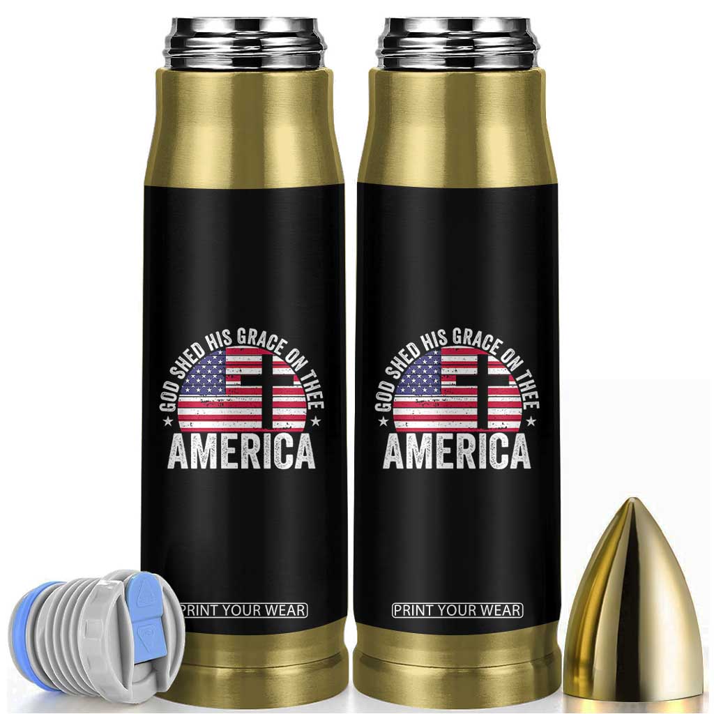 God Shed His Grace On Thee Bullet Tumbler Vintage Patriotic Christian USA Flag Cross TS10 Black Print Your Wear
