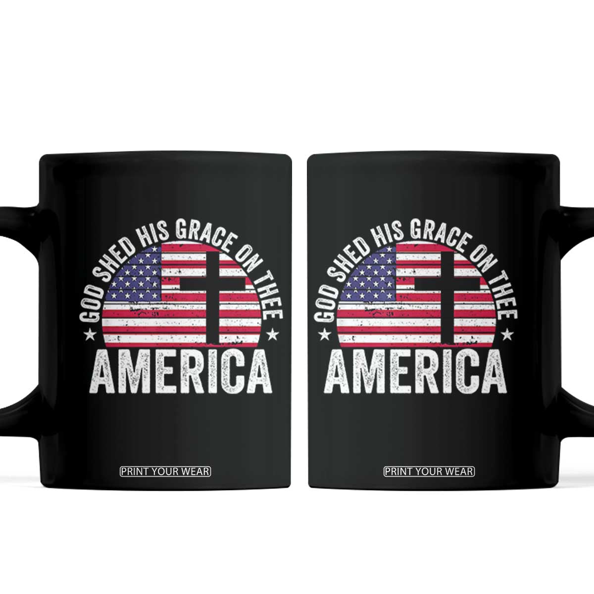 God Shed His Grace On Thee Coffee Mug Vintage Patriotic Christian USA Flag Cross TS10 Black Print Your Wear