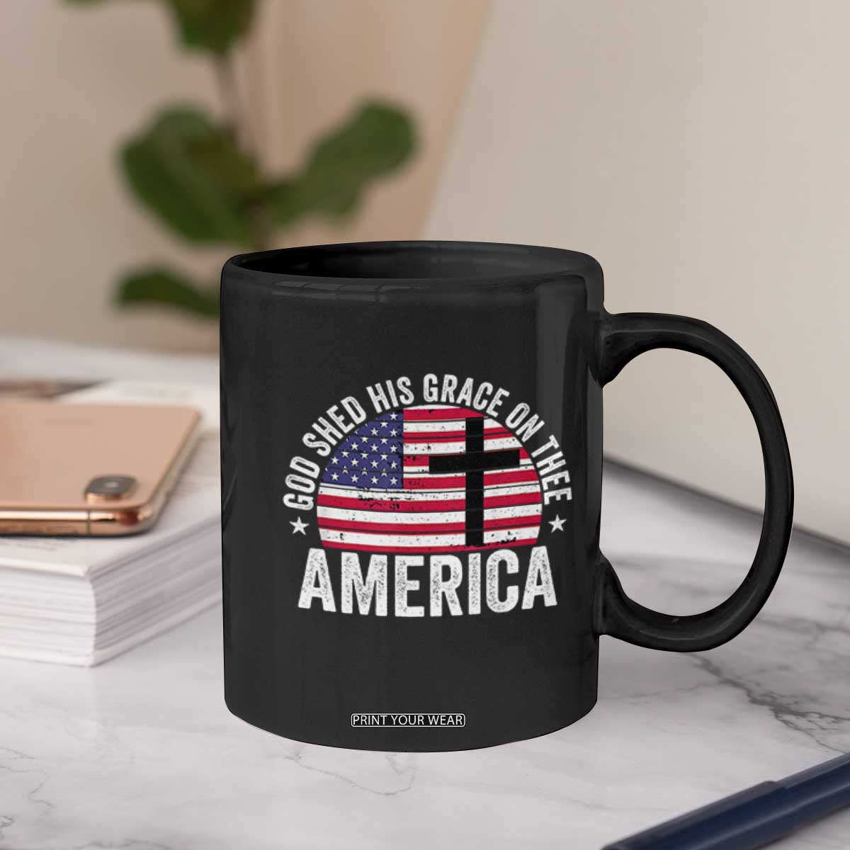 God Shed His Grace On Thee Coffee Mug Vintage Patriotic Christian USA Flag Cross TS10 Print Your Wear