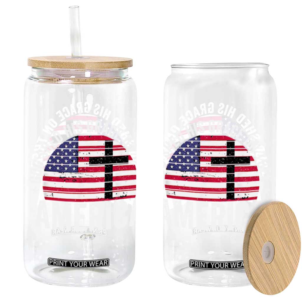 God Shed His Grace On Thee Glass Can Vintage Patriotic Christian USA Flag Cross TS10 Black Print Your Wear