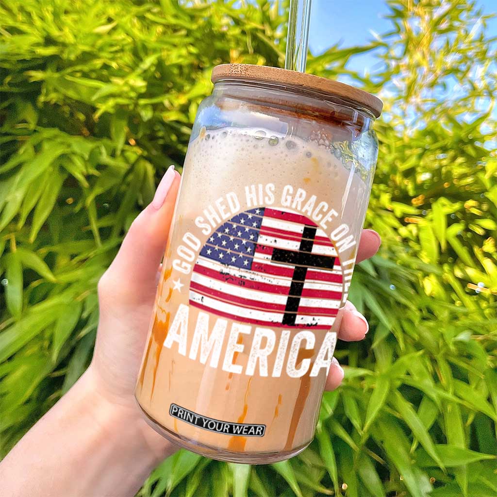 God Shed His Grace On Thee Glass Can Vintage Patriotic Christian USA Flag Cross TS10 Print Your Wear