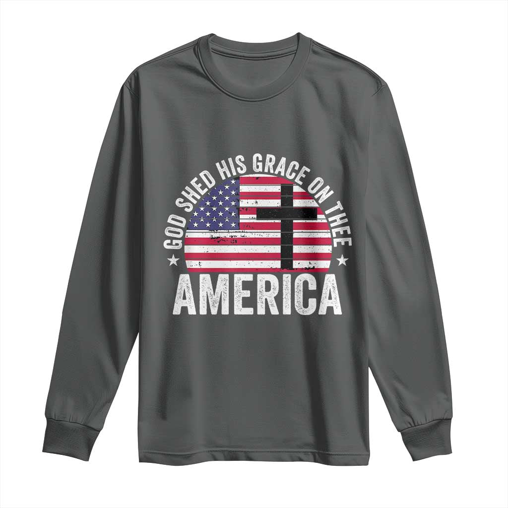 God Shed His Grace On Thee Long Sleeve Shirt Vintage Patriotic Christian USA Flag Cross TS10 Dark Heather Print Your Wear
