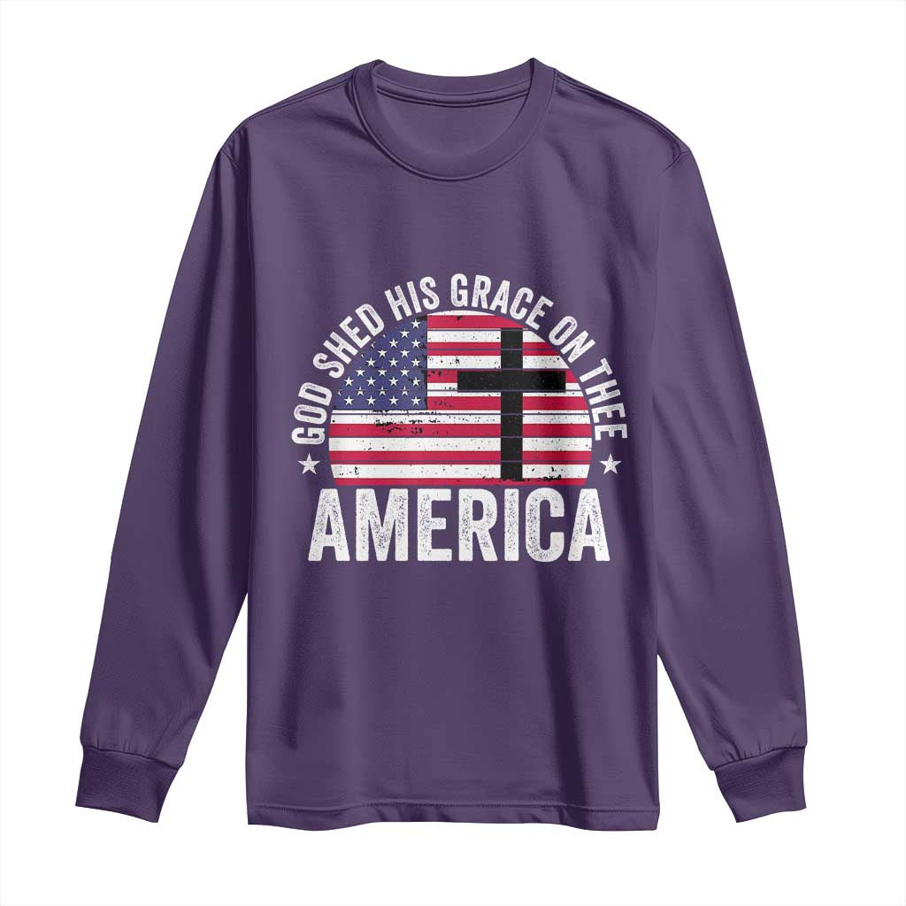 God Shed His Grace On Thee Long Sleeve Shirt Vintage Patriotic Christian USA Flag Cross TS10 Purple Print Your Wear