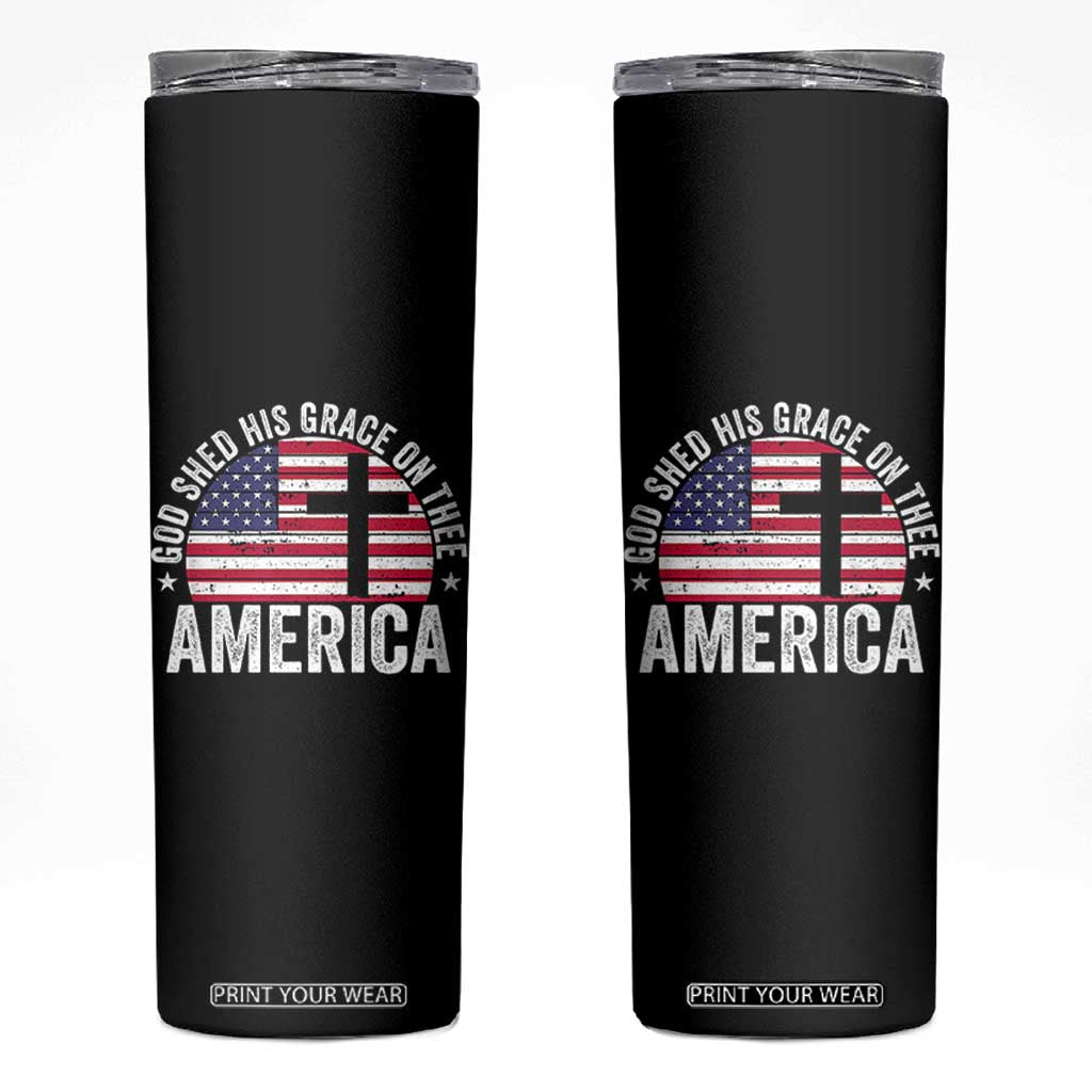 God Shed His Grace On Thee Skinny Tumbler Vintage Patriotic Christian USA Flag Cross TS10 Black Print Your Wear