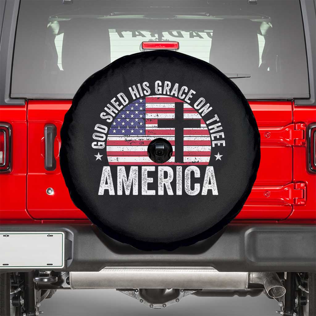 God Shed His Grace On Thee Spare Tire Cover Vintage Patriotic Christian USA Flag Cross TS10 Black Print Your Wear