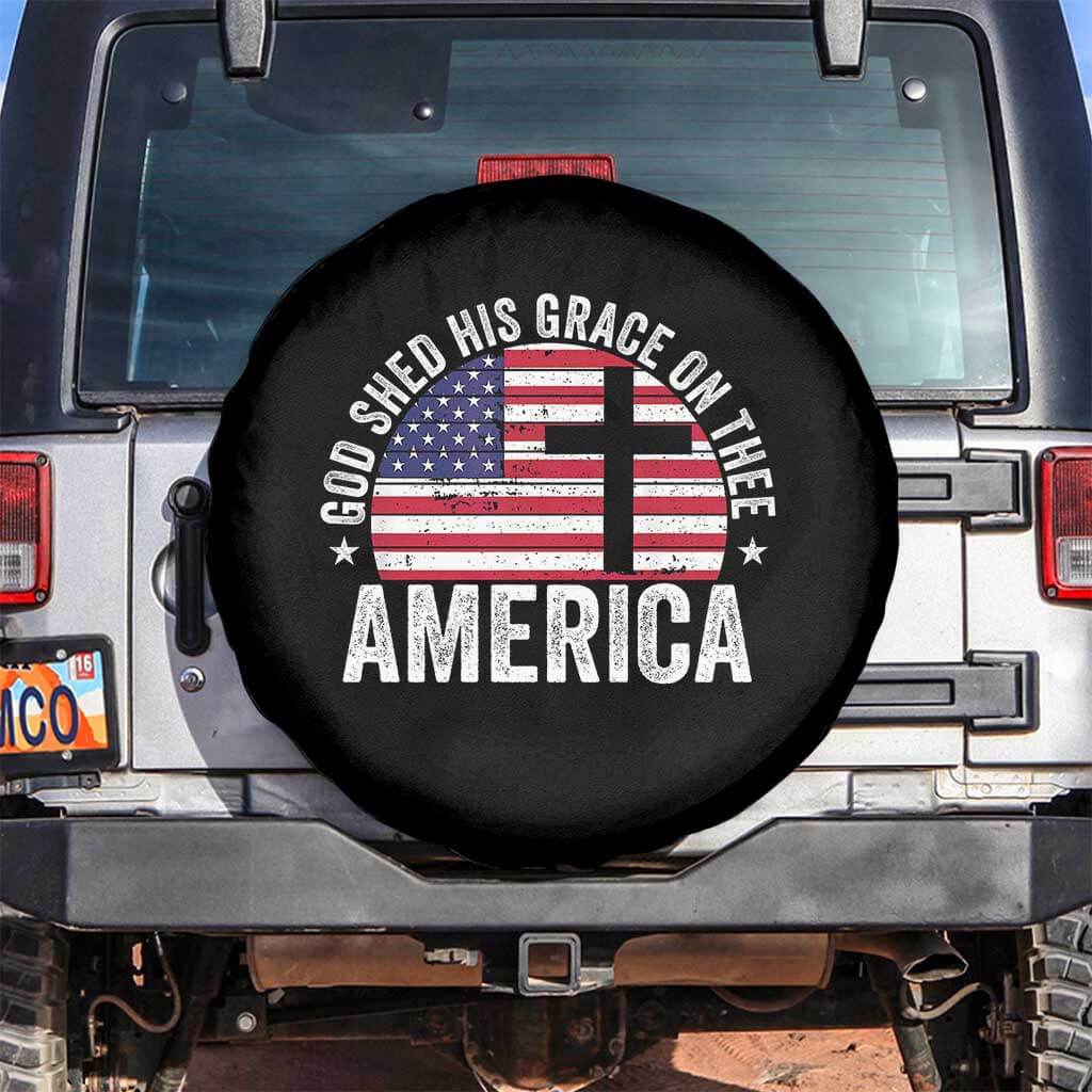 God Shed His Grace On Thee Spare Tire Cover Vintage Patriotic Christian USA Flag Cross TS10 No hole Black Print Your Wear