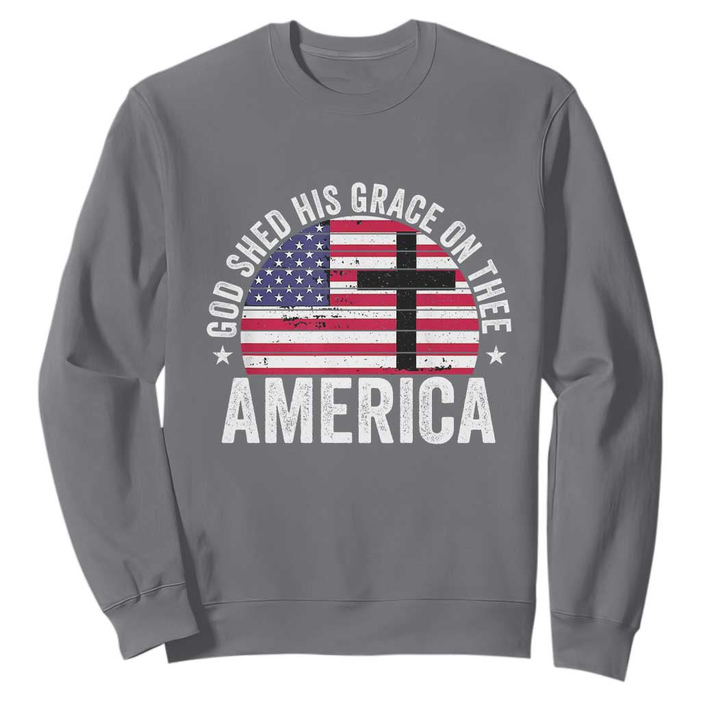 God Shed His Grace On Thee Sweatshirt Vintage Patriotic Christian USA Flag Cross TS10 Charcoal Print Your Wear