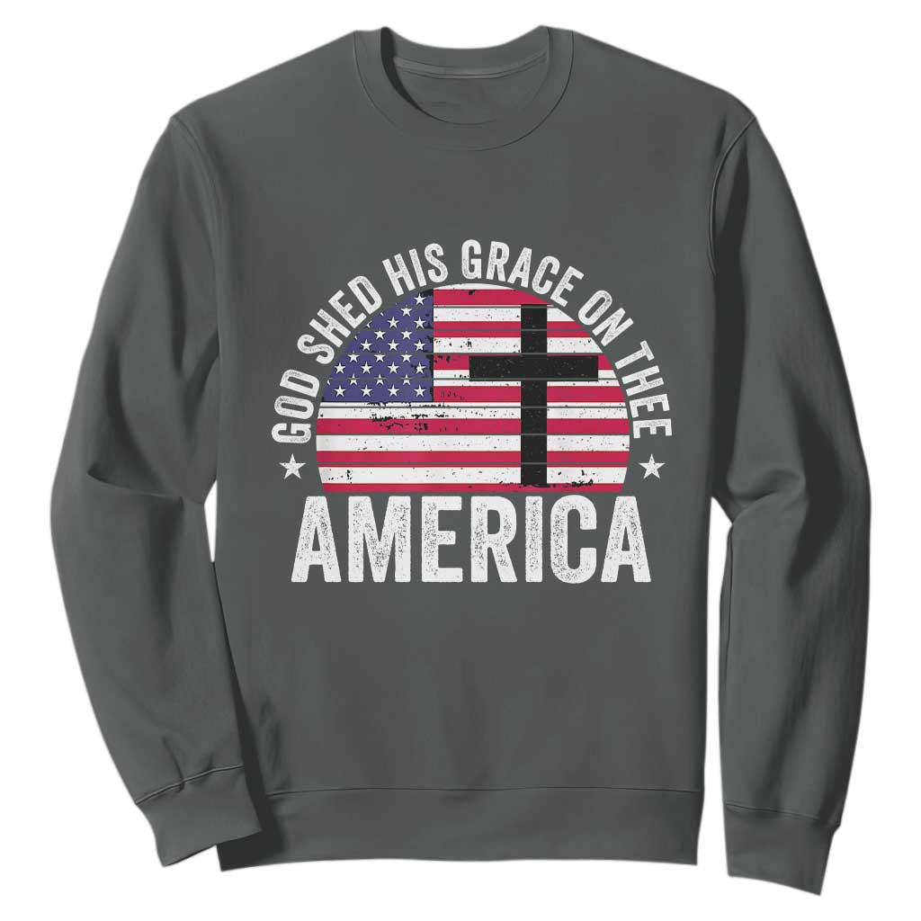 God Shed His Grace On Thee Sweatshirt Vintage Patriotic Christian USA Flag Cross TS10 Dark Heather Print Your Wear