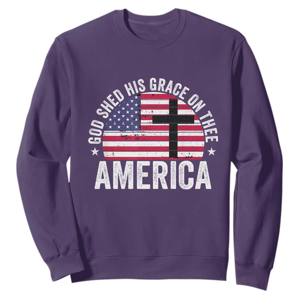 God Shed His Grace On Thee Sweatshirt Vintage Patriotic Christian USA Flag Cross TS10 Purple Print Your Wear