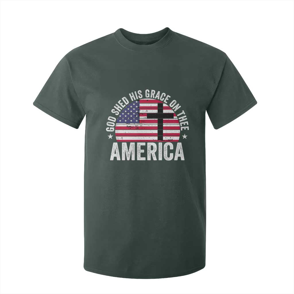 God Shed His Grace On Thee T Shirt For Kid Vintage Patriotic Christian USA Flag Cross TS10 Dark Forest Green Print Your Wear