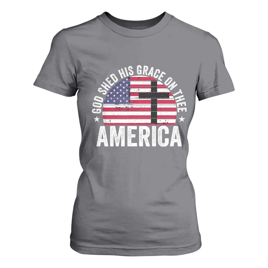 God Shed His Grace On Thee T Shirt For Women Vintage Patriotic Christian USA Flag Cross TS10 Charcoal Print Your Wear