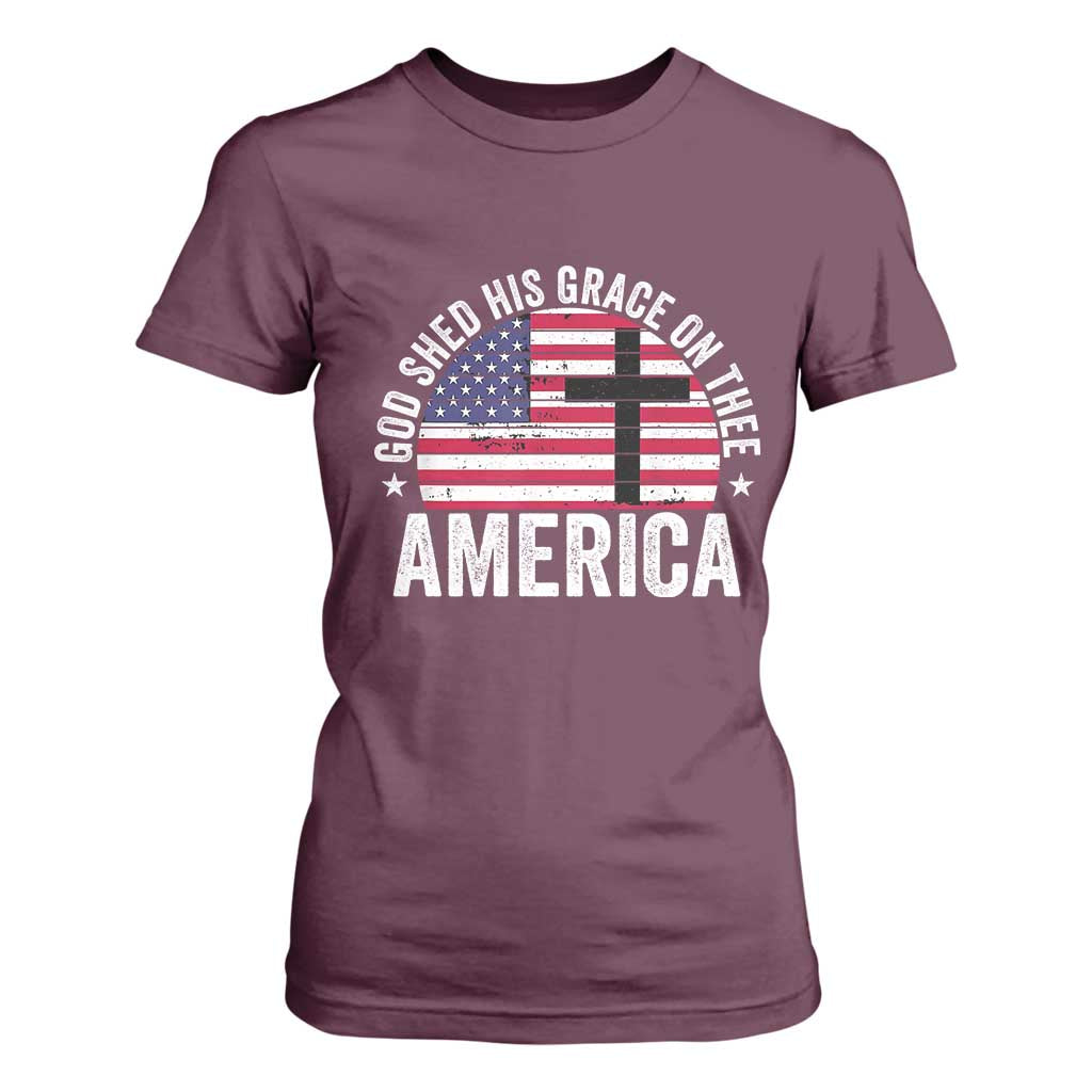 God Shed His Grace On Thee T Shirt For Women Vintage Patriotic Christian USA Flag Cross TS10 Maroon Print Your Wear