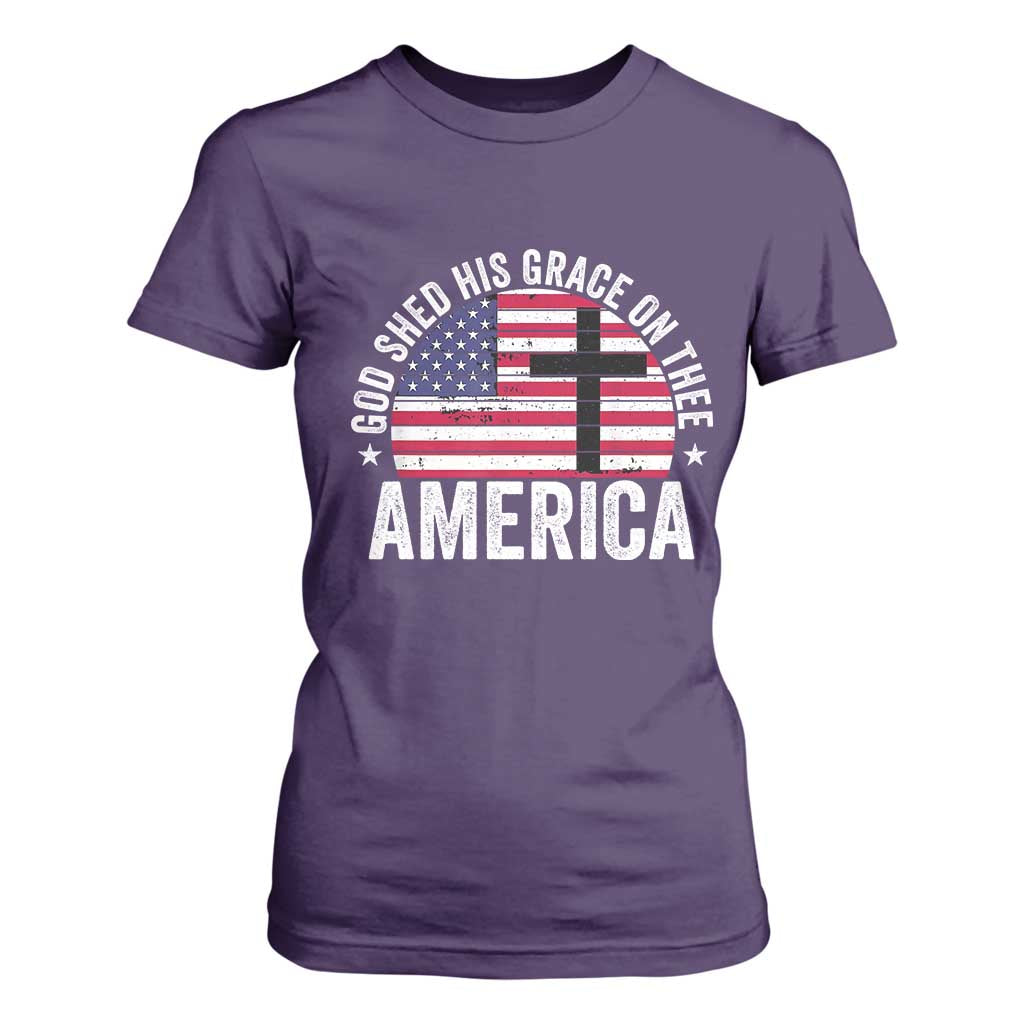God Shed His Grace On Thee T Shirt For Women Vintage Patriotic Christian USA Flag Cross TS10 Purple Print Your Wear