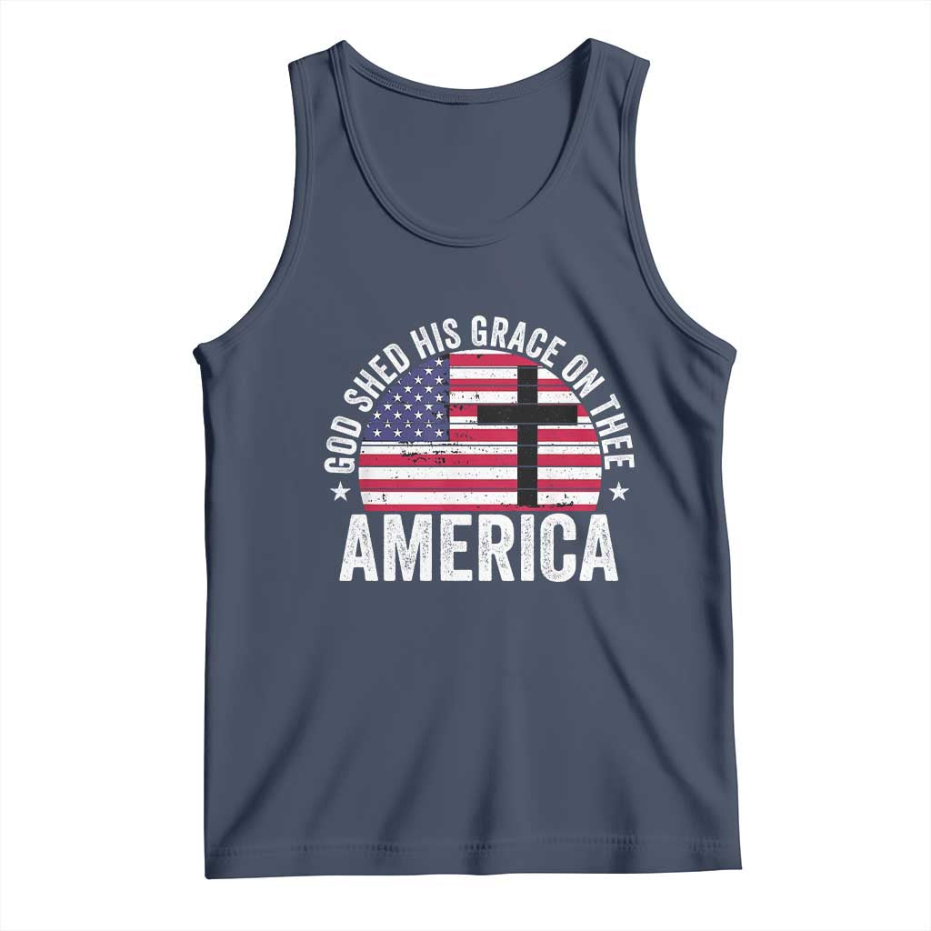 God Shed His Grace On Thee Tank Top Vintage Patriotic Christian USA Flag Cross TS10 Navy Print Your Wear
