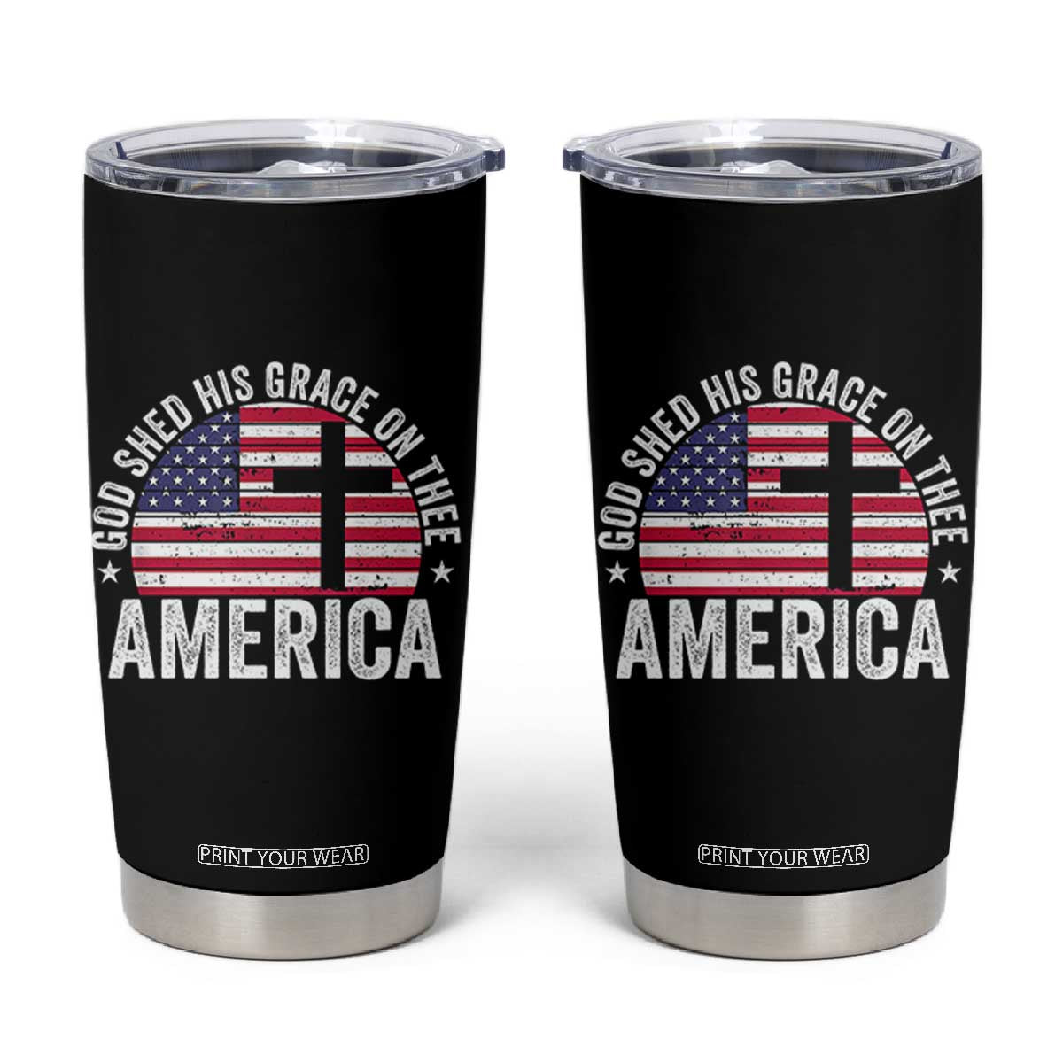 God Shed His Grace On Thee Tumbler Cup Vintage Patriotic Christian USA Flag Cross TS10 Black Print Your Wear