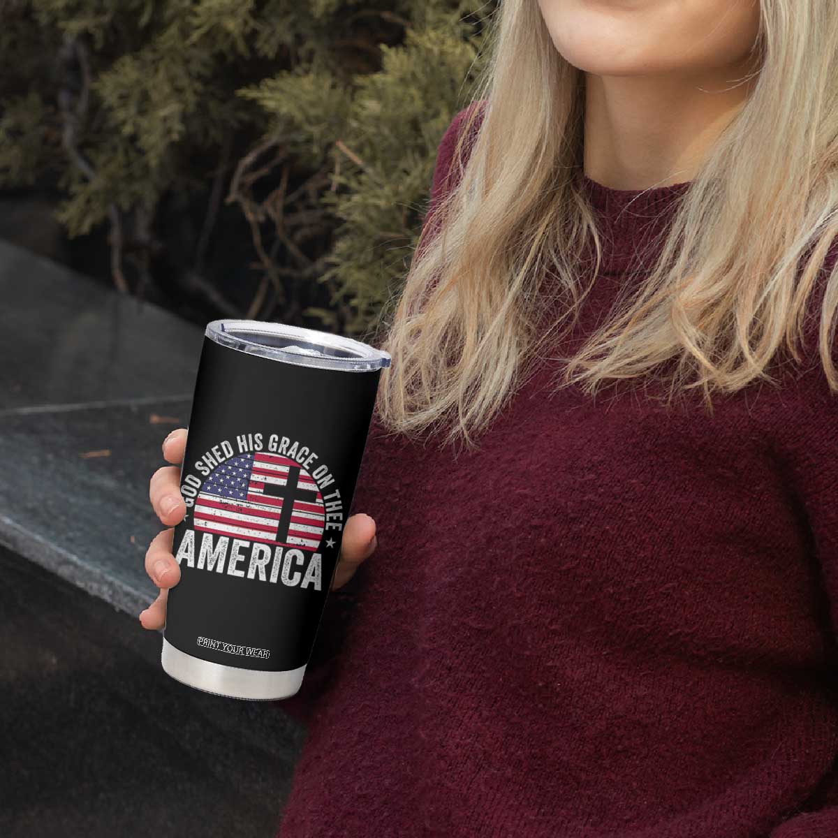 God Shed His Grace On Thee Tumbler Cup Vintage Patriotic Christian USA Flag Cross TS10 Print Your Wear