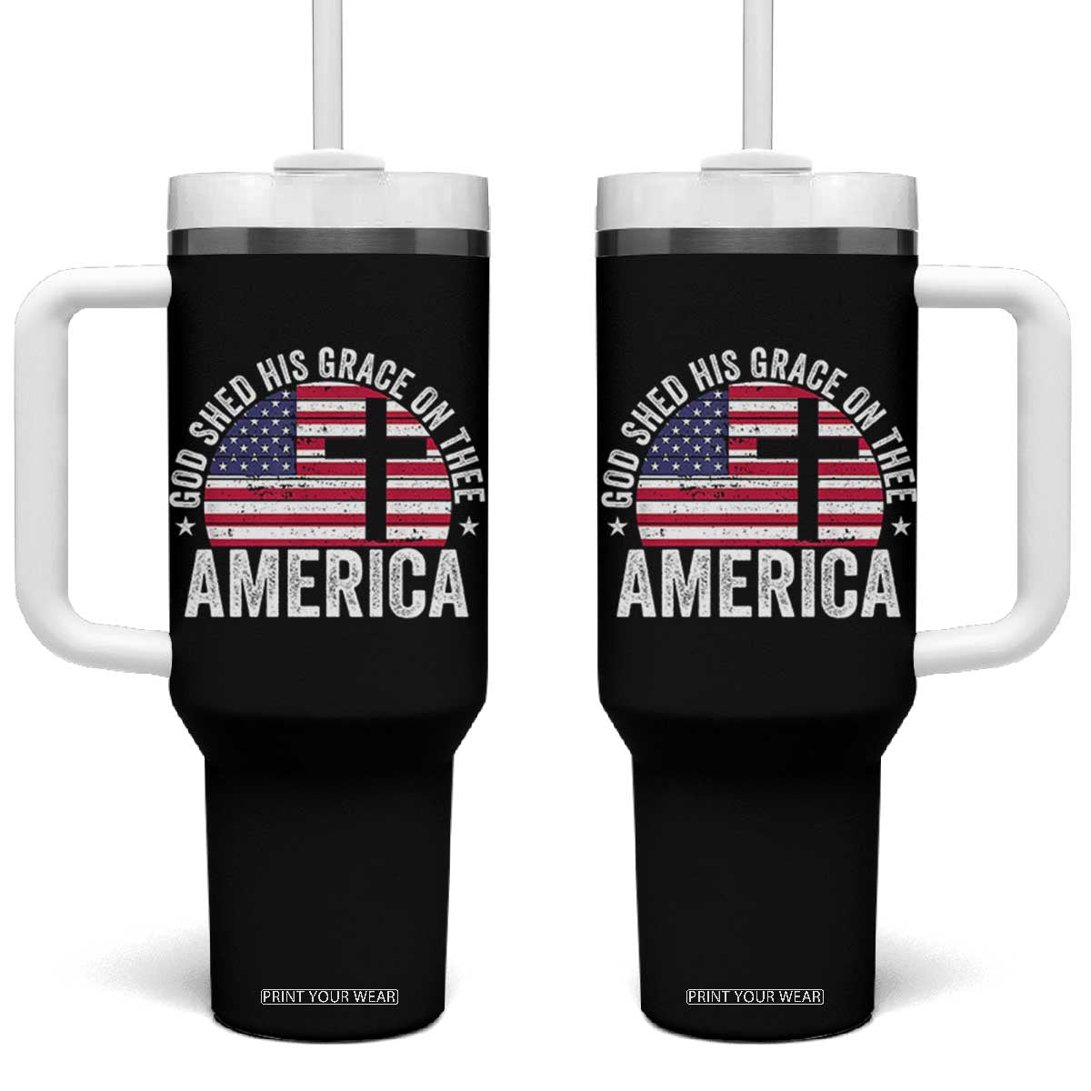 God Shed His Grace On Thee Tumbler With Handle Vintage Patriotic Christian USA Flag Cross TS10 One Size: 40 oz Black Print Your Wear