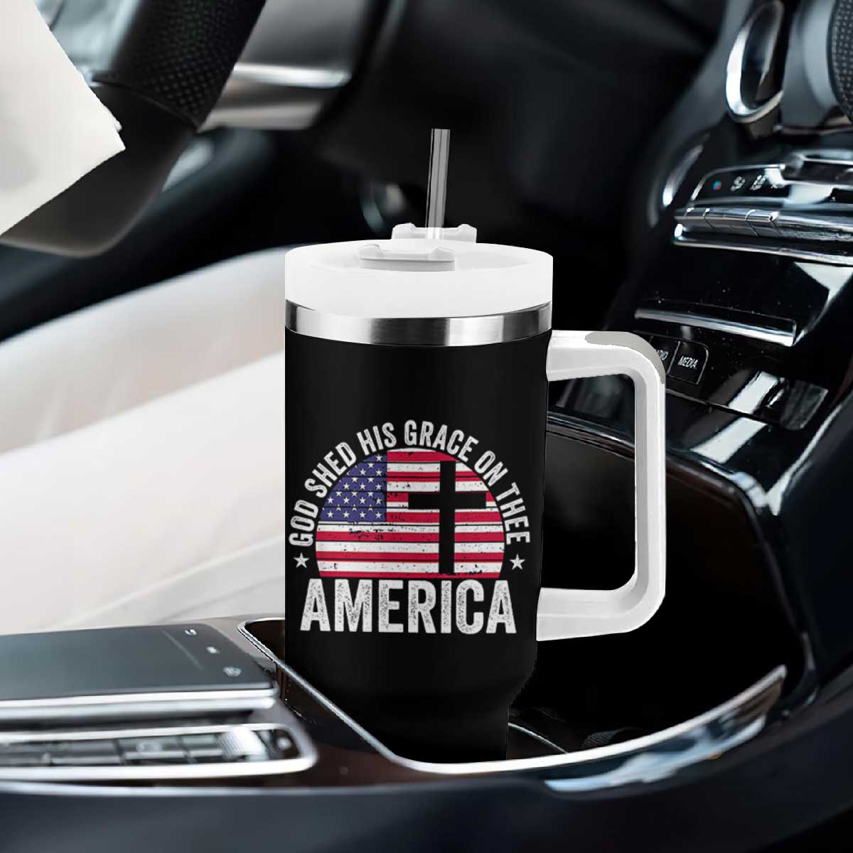 God Shed His Grace On Thee Tumbler With Handle Vintage Patriotic Christian USA Flag Cross TS10 Print Your Wear