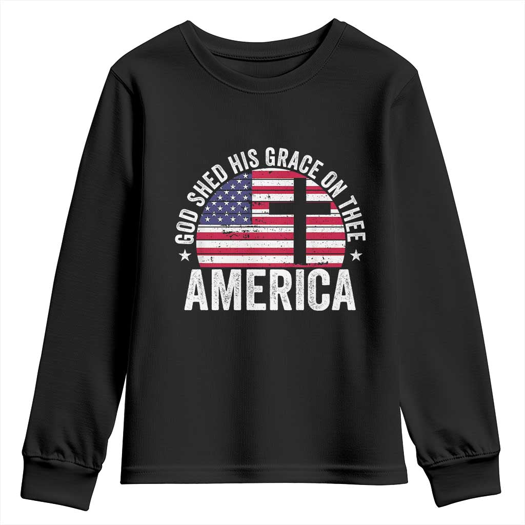 God Shed His Grace On Thee Youth Sweatshirt Vintage Patriotic Christian USA Flag Cross TS10 Black Print Your Wear