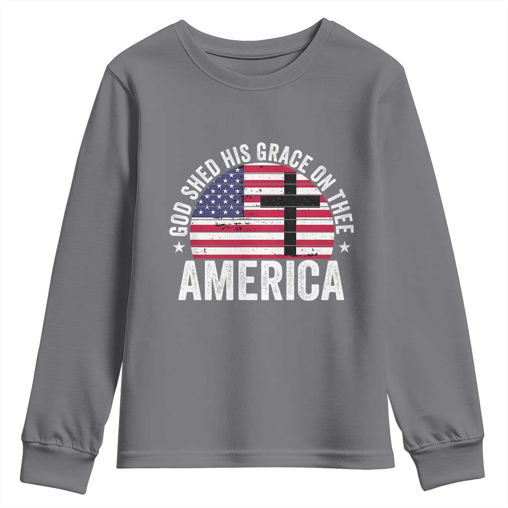 God Shed His Grace On Thee Youth Sweatshirt Vintage Patriotic Christian USA Flag Cross TS10 Charcoal Print Your Wear