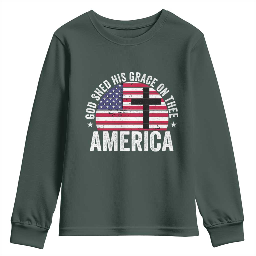 God Shed His Grace On Thee Youth Sweatshirt Vintage Patriotic Christian USA Flag Cross TS10 Dark Forest Green Print Your Wear