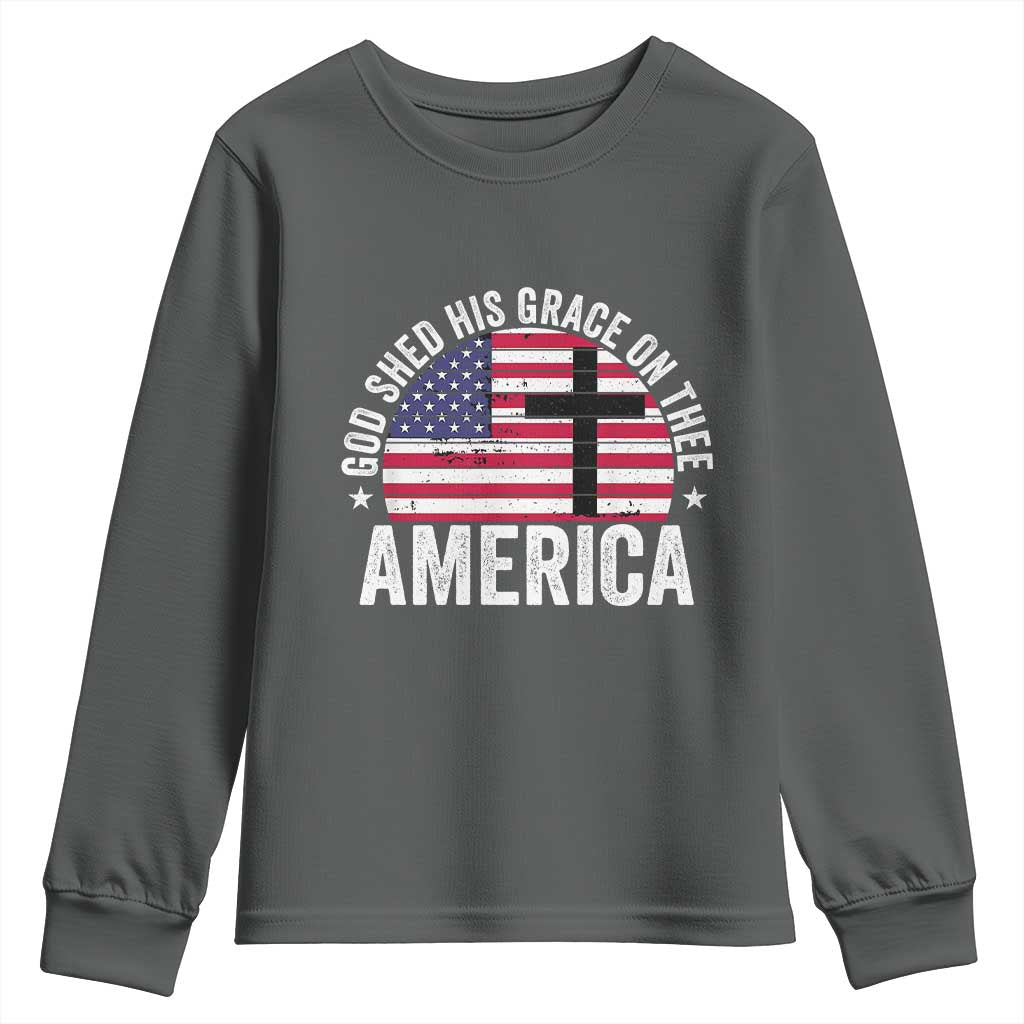 God Shed His Grace On Thee Youth Sweatshirt Vintage Patriotic Christian USA Flag Cross TS10 Dark Heather Print Your Wear