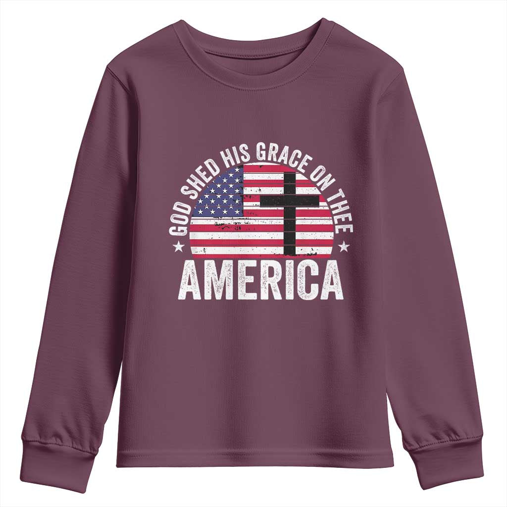 God Shed His Grace On Thee Youth Sweatshirt Vintage Patriotic Christian USA Flag Cross TS10 Maroon Print Your Wear