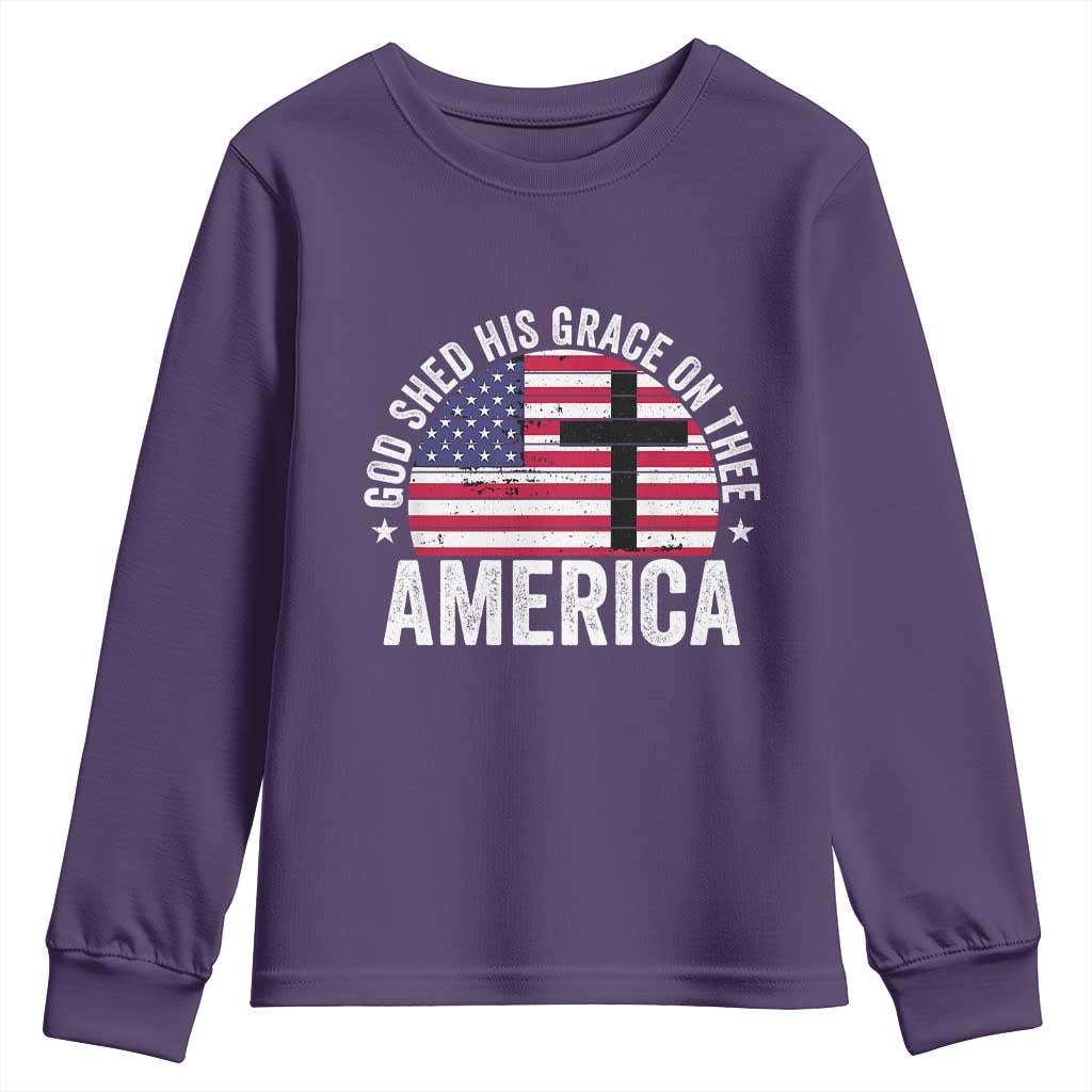 God Shed His Grace On Thee Youth Sweatshirt Vintage Patriotic Christian USA Flag Cross TS10 Purple Print Your Wear