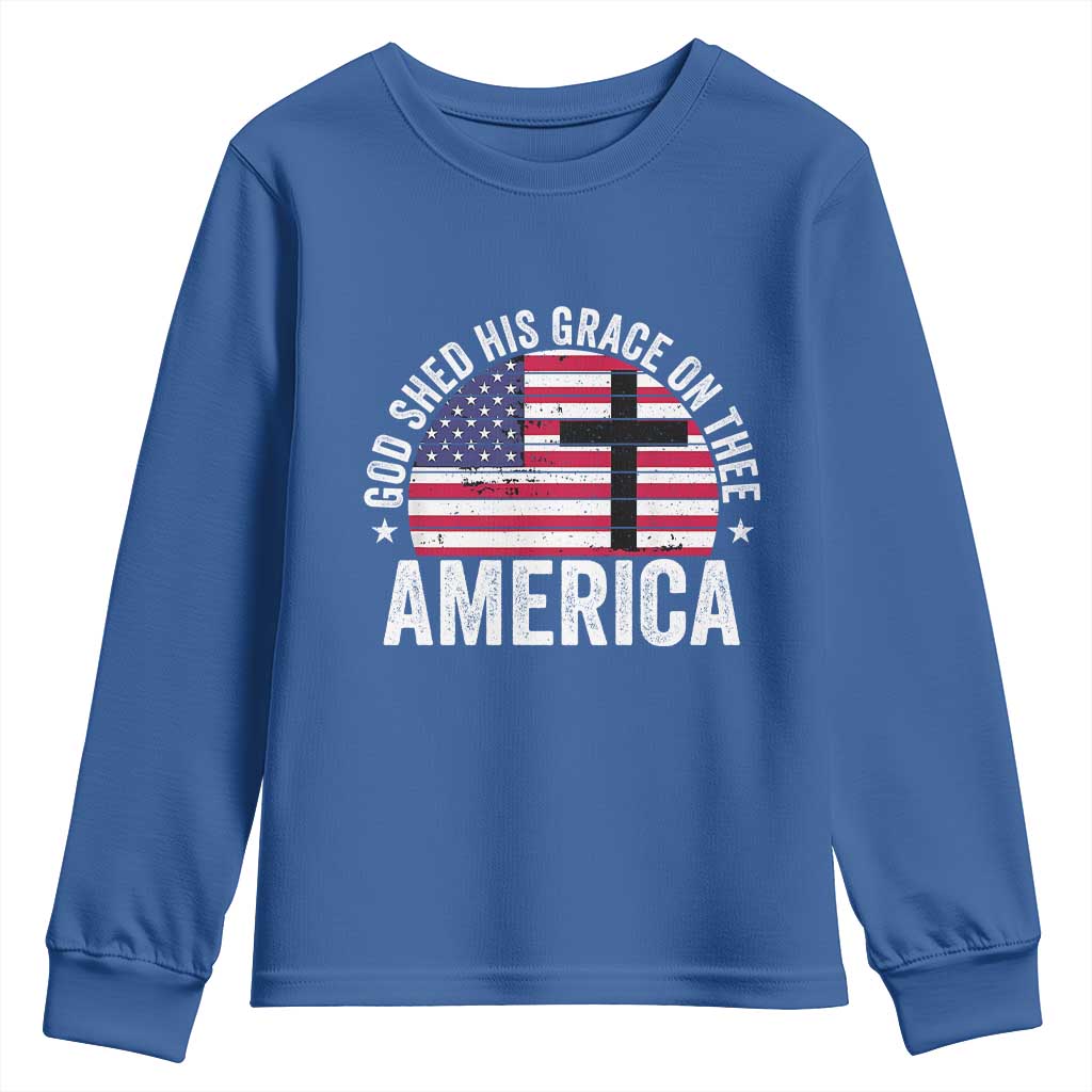 God Shed His Grace On Thee Youth Sweatshirt Vintage Patriotic Christian USA Flag Cross TS10 Royal Blue Print Your Wear
