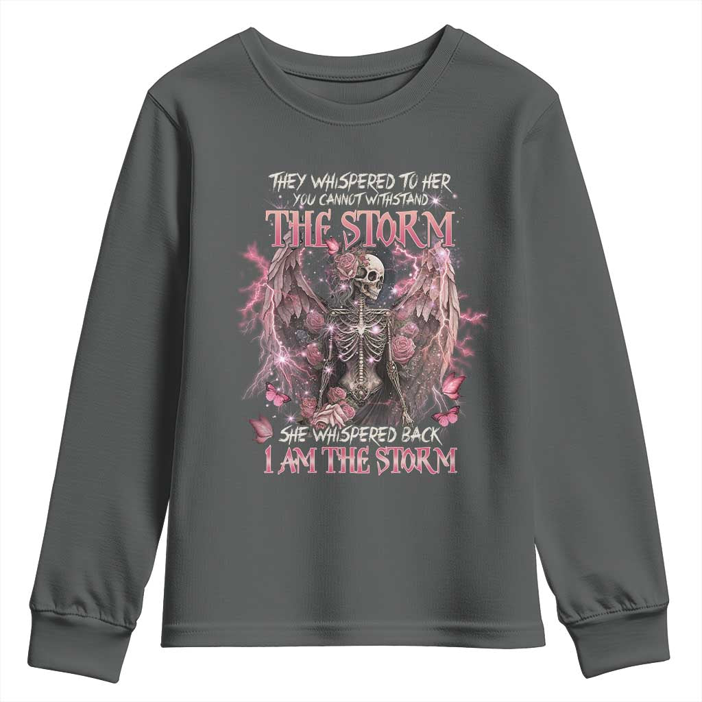 Gothic Skeleton Fairy Youth Sweatshirt She Whispered Back I Am The Storm Dark Angel TS02 Dark Heather Print Your Wear