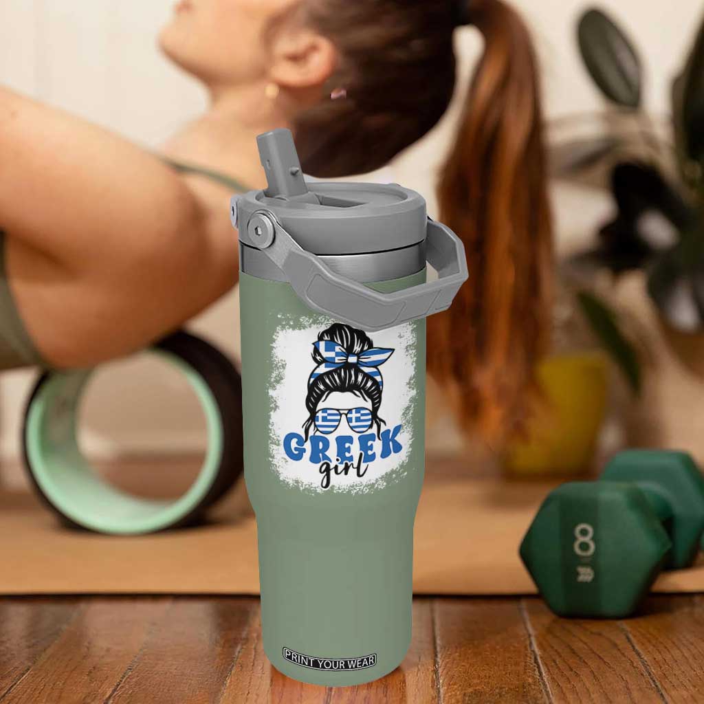 Greek Girl Pride Flip Straw Tumbler Proud Greece Messy Bun Girl TS09 One Size: 30 oz Moss Green Print Your Wear