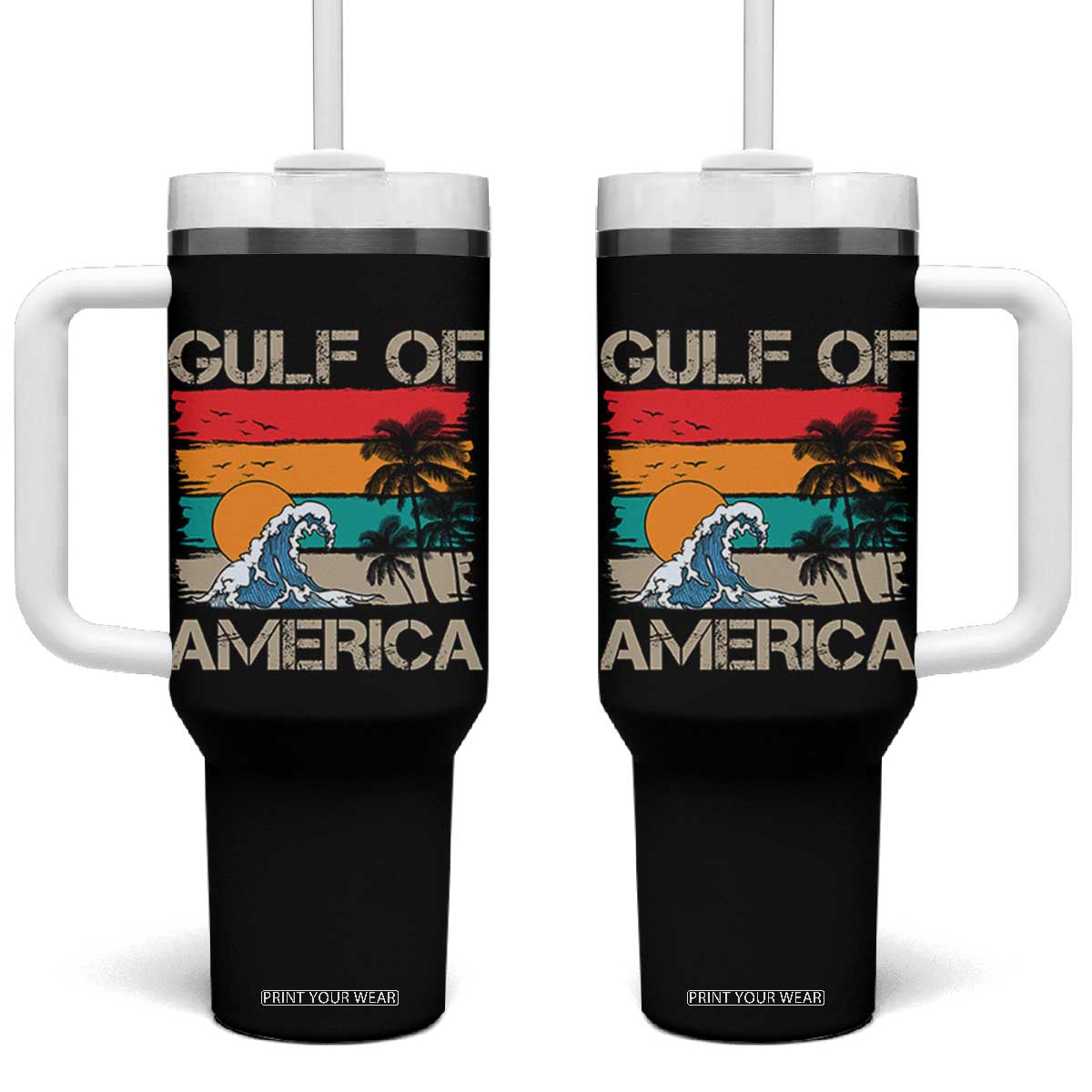 Gulf Of USA Tumbler With Handle Funny Beach Summer Vacation Retro Vintage TS10 One Size: 40 oz Black Print Your Wear